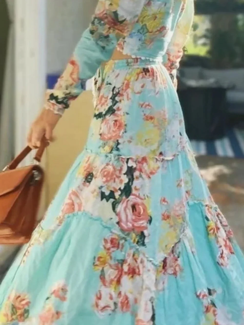 HEMANT & NANDITA SAGE Midi SKIRT Floral w/ embroidery tiered ruffle turquoise LG